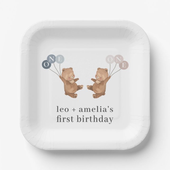 Assiettes En Carton Bear Boy Girl Twins - Joint 1er Anniversaire (Recto)