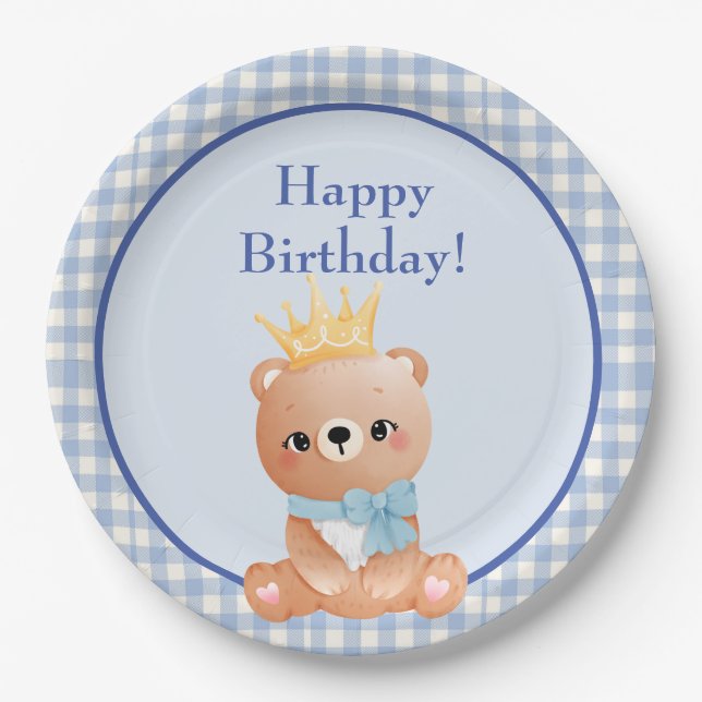 Assiettes En Carton Bear Cub Blue Checker Joyeux anniversaire (Devant)