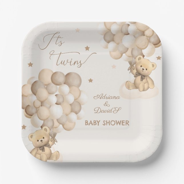 Assiettes En Carton Bear Twins Genre Neutre Baby shower Beige Brown (Recto)