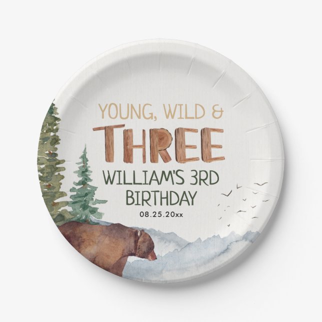 Assiettes En Carton Bear-Young Wild and Three Boys 3e anniversaire (Devant)