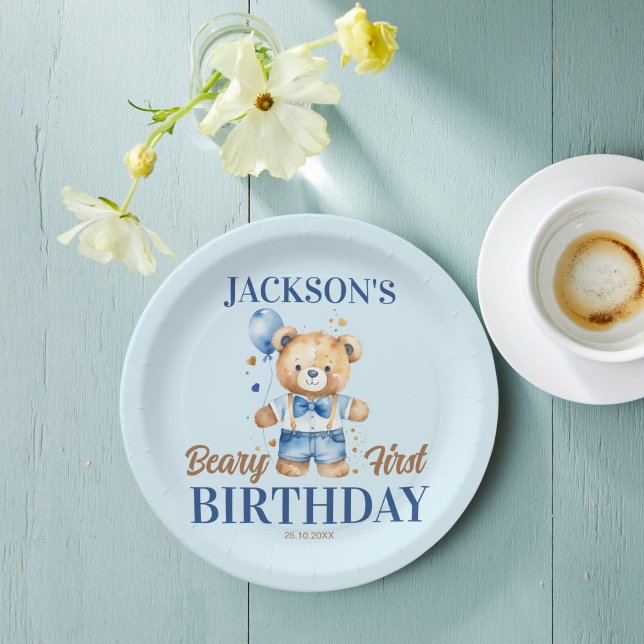 Assiettes En Carton Béary premier garçon anniversaire mignon peluche b (Beary first boys birthday cute teddy blue balloon personalized tableware printed paper plates)