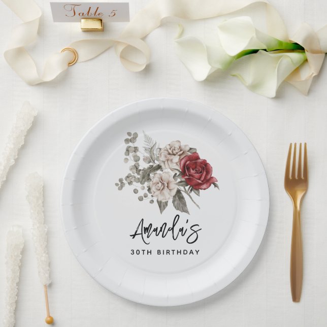 Assiettes En Carton Beau Anniversaire Floral aux Roses Blanches et Rou (Mariage)
