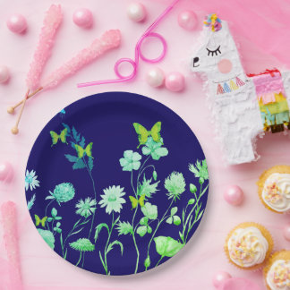 Assiettes En Carton Beau bleu et vert floral et papillon