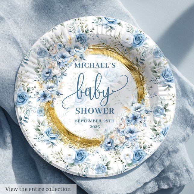 Assiettes En Carton Beau bleu poussiéreux fleurs or personnalisé bébé (Lovely dusty blue flowers gold personalized baby Paper Plates)