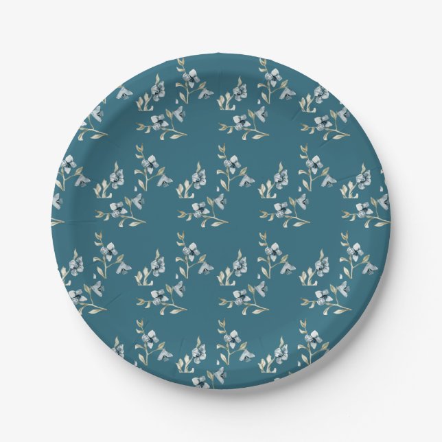 Assiettes En Carton Beau bleu Turquoise Floral Français Élégance (Devant)