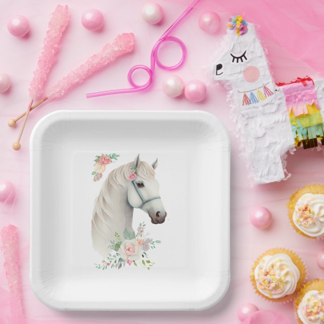 Assiettes En Carton Beau Boho Cheval Blanc Floral (Fête)