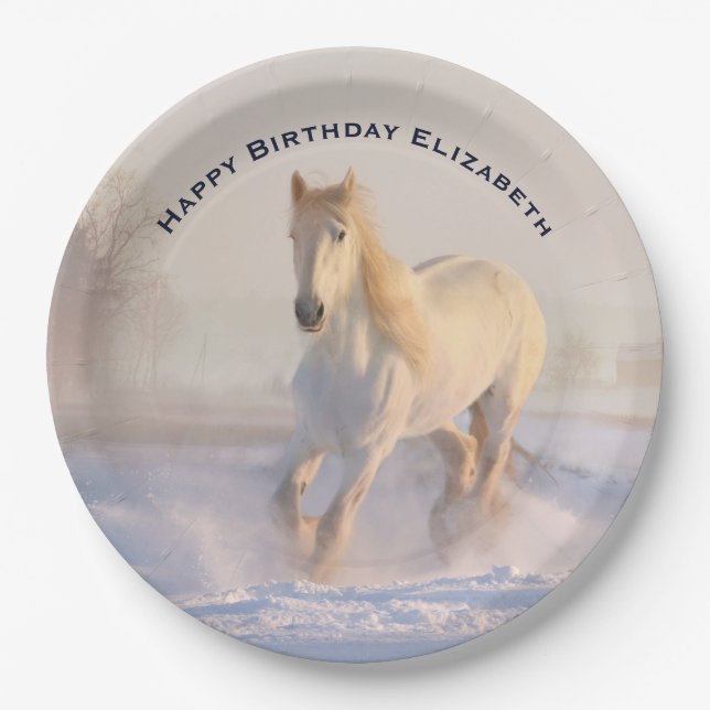 Assiettes En Carton Beau Cheval Blanc courir dans la neige Anniversair (Devant)