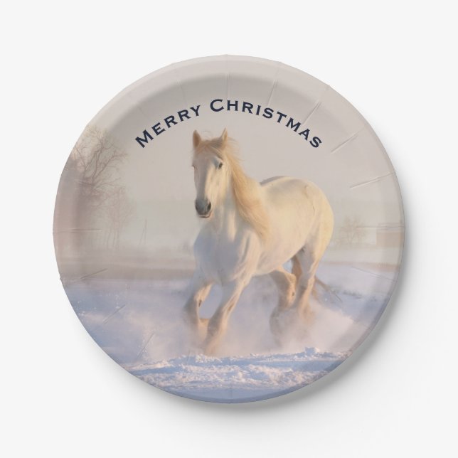 Assiettes En Carton Beau Cheval blanc dans la neige Photo Noël (Devant)