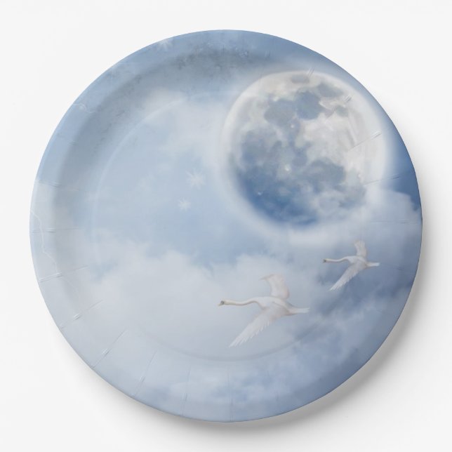 Assiettes En Carton Beau ciel bleu avec cygnes volants (Devant)