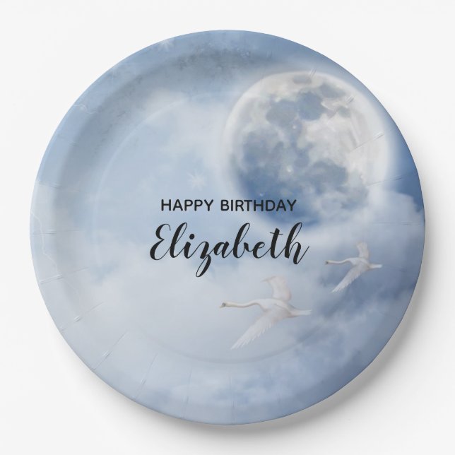 Assiettes En Carton Beau ciel bleu avec cygnes volants Anniversaire (Devant)