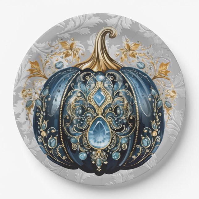 Assiettes En Carton Beau citrouille bleu et or bijoux (Devant)