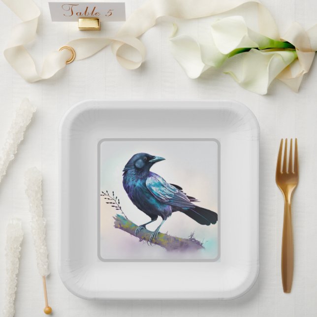Assiettes En Carton Beau Corbeau sur une branche d'arbre (Mariage)