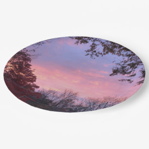 Assiettes En Carton Beau coucher de soleil sur les arbres