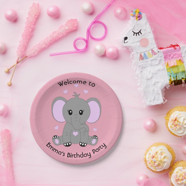 Assiettes En Carton Beau éléphant en rose pour les filles anniversaire (Fête)