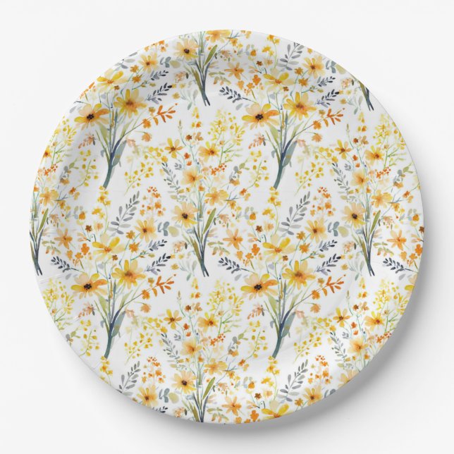Assiettes En Carton Beau fleur sauvage de printemps jaune (Devant)