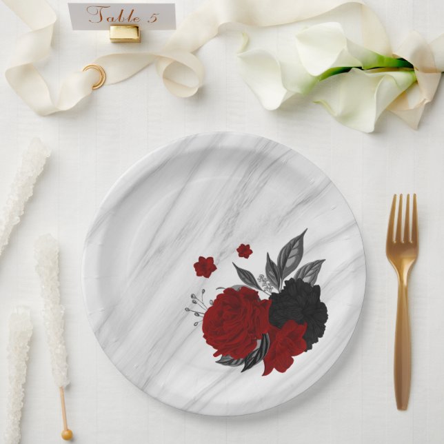 Assiettes En Carton Beau marbre noir & rouge fleurs (Mariage)