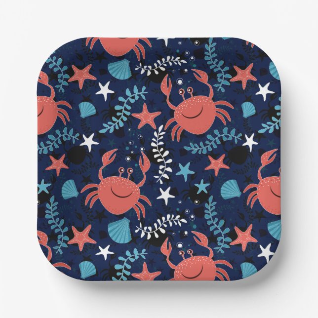 Assiettes En Carton Beau motif de mer avec crabes. (Recto)