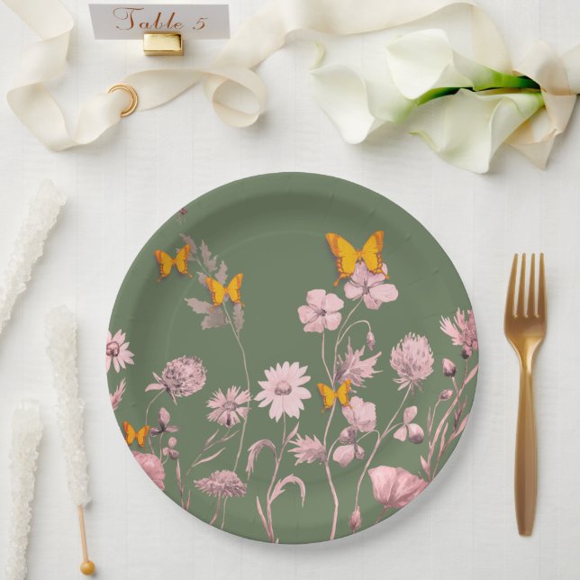 Assiettes En Carton Beau olive et rose floral et papillon (Mariage)