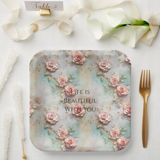 Assiettes En Carton Beau Romantique Rose rose rose Roses romantiques (Mariage)
