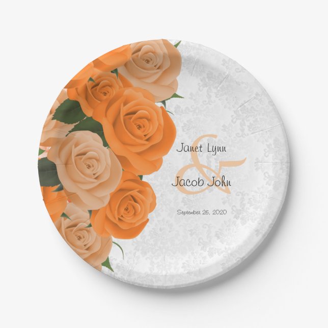 Assiettes En Carton Beau Rose orange et Mariage damassé blanche (Devant)