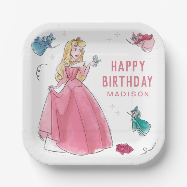Assiettes En Carton Beauté dormante | Aquarelle Anniversaire (Recto)