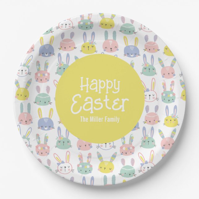 Assiettes En Carton Beaux Bunnies de Pâques avec fleurs aux couleurs p (Devant)