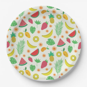 Assiettes En Carton Beaux fruits d'été et motif feuille tropical