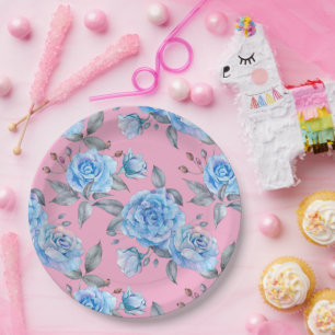 Assiettes En Carton Beaux roses bleus, arrière - plan rose pastel,