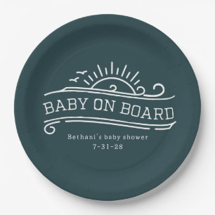 Assiettes En Carton Bébé à bord Surf Baby shower bleu ardoise