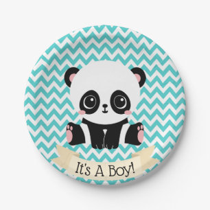Assiettes En Carton Bébé adorable Panda Baby shower bleu Plaques de pa