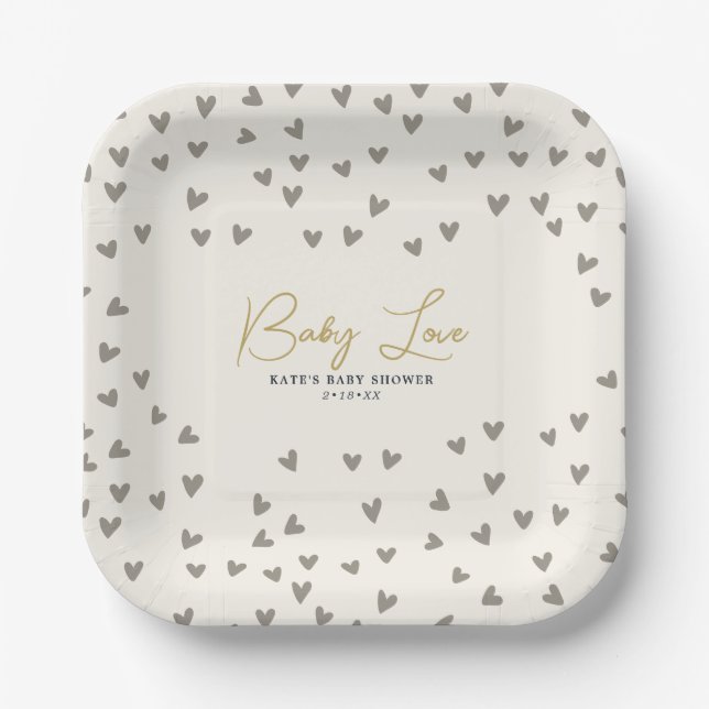 Assiettes En Carton Bébé Amour Taupe Coeurs Sexe Baby shower neutre (Recto)