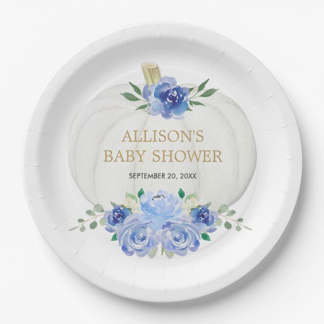 Assiettes En Carton Bébé bleu blanc fleuri vert citrouille blanc (Devant)
