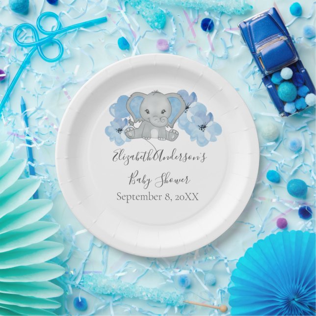 Assiettes En Carton Bébé bleu garçon éléphant Baby shower fleurs ballo (Fête)