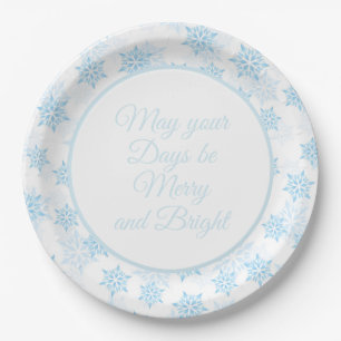Assiettes En Carton Bébé Blue Snowflakes Blanc Joyeux Noël brillant