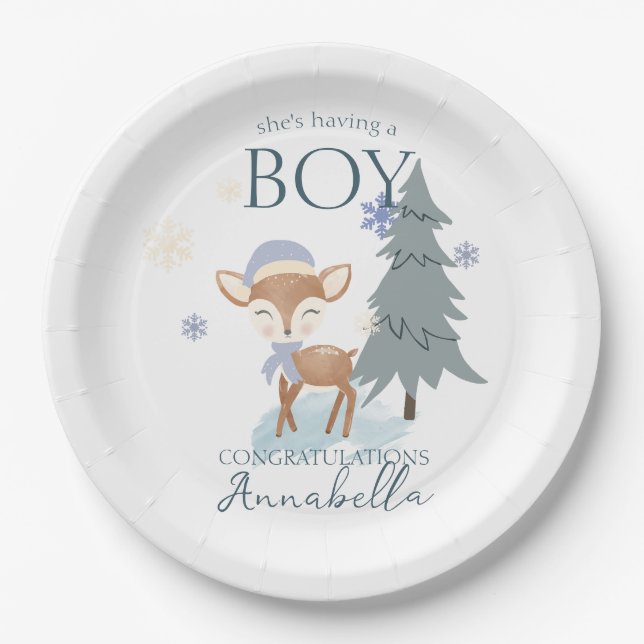Assiettes En Carton Bébé d'hiver mignon cerf garçon Fawn (Devant)