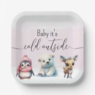 Assiettes En Carton Bébé d'hiver rose Il fait froid dehors Baby shower