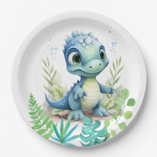 Assiettes En Carton Bébé Dinosaur Vert et Bleu