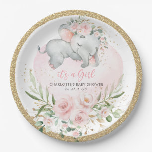 Assiettes En Carton Bébé Eléphant Blush Pink Gold Floral Douche