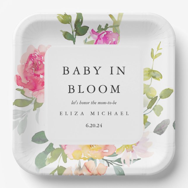 Assiettes En Carton Bébé en Fleur Aquarelle Baby shower Floral (Recto)