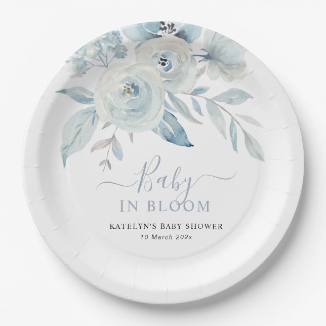 Assiettes En Carton bébé en fleur bleu poussiéreux baby shower (Devant)