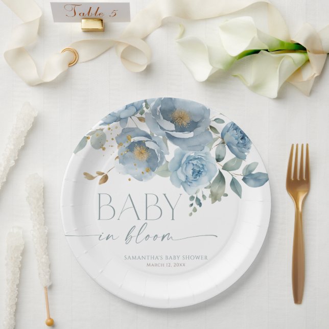 Assiettes En Carton Bébé en Fleur Dusty bleu fleuri baby shower garçon (Mariage)
