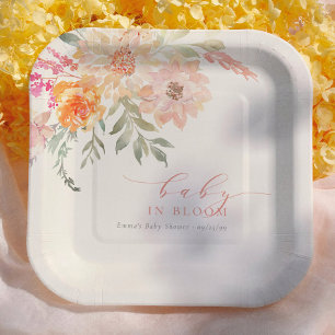 Assiettes En Carton Bébé en Fleur Rose Pâle Fête Prénatale de Bébé Fil