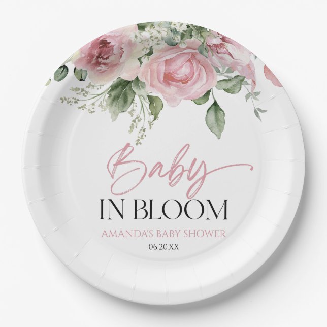 Assiettes En Carton Bébé En Fleur Rose Rose Baby shower Floral (Devant)