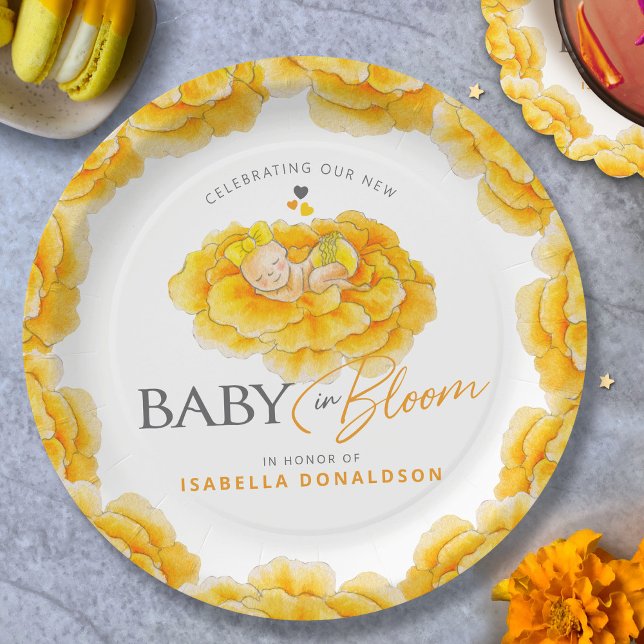 Assiettes En Carton Bébé en Fleur whimsy baby shower jaune aquarelle (Créateur téléchargé)