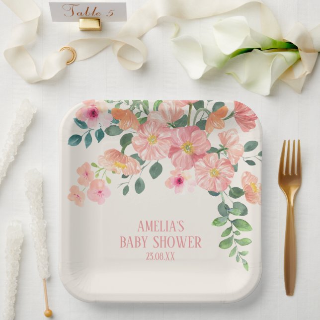 Assiettes En Carton Bébé en fleurs boho fleuri chic baby shower fille (Mariage)