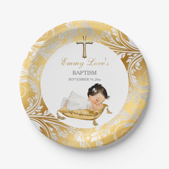 Assiettes En Carton Bébé Fille Christening Baptême Or Argent (Devant)