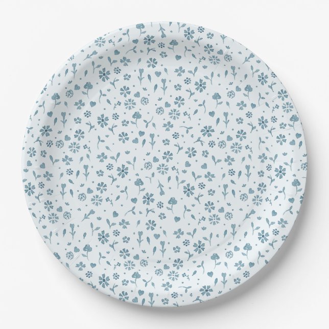 Assiettes En Carton Bébé Floral bleu en baby shower garçon Fleur (Devant)