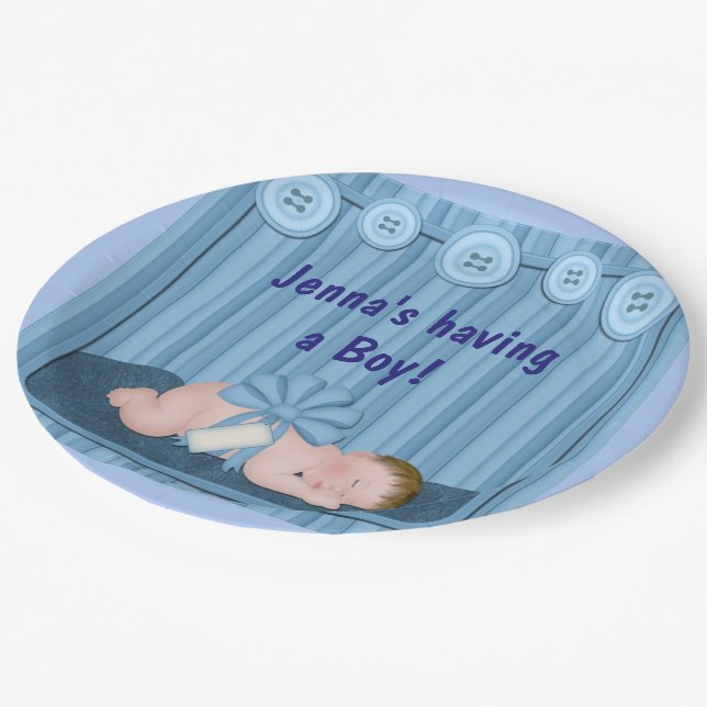 Assiettes En Carton Bébé Garçon Bleu Baby shower Plaques en papier (Angle)