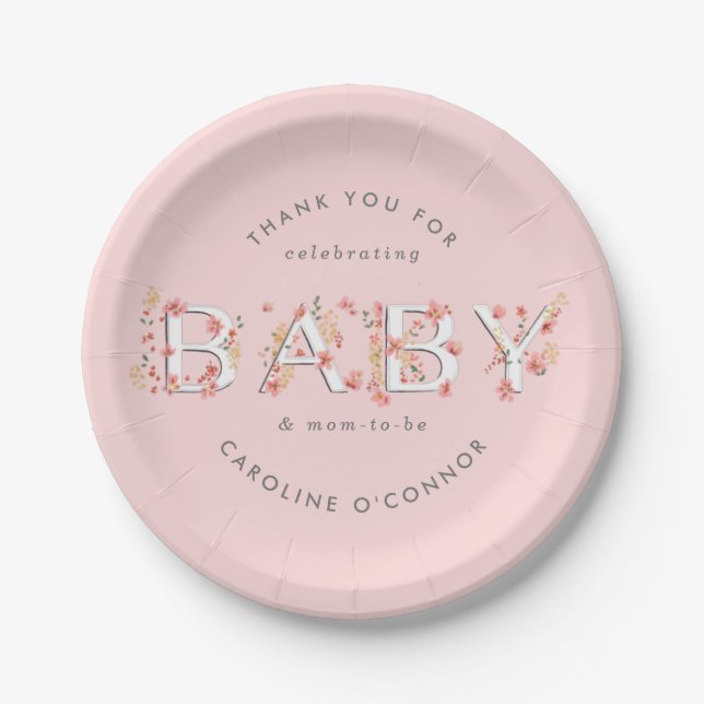 Assiettes En Carton BÉBÉ Jardin Floral Baby shower rose (Devant)