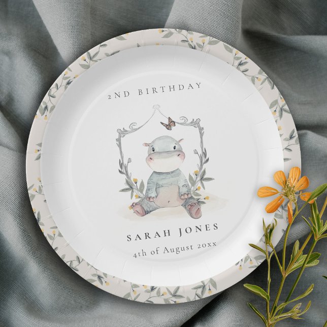 Assiettes En Carton Bébé jaune mignon Hippo Foliage N'importe quel âge (Créateur téléchargé)